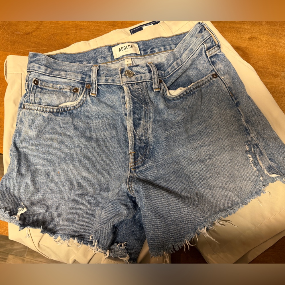 Agolde Light Wash High-Rise Frayed Denim Shorts buttonfly